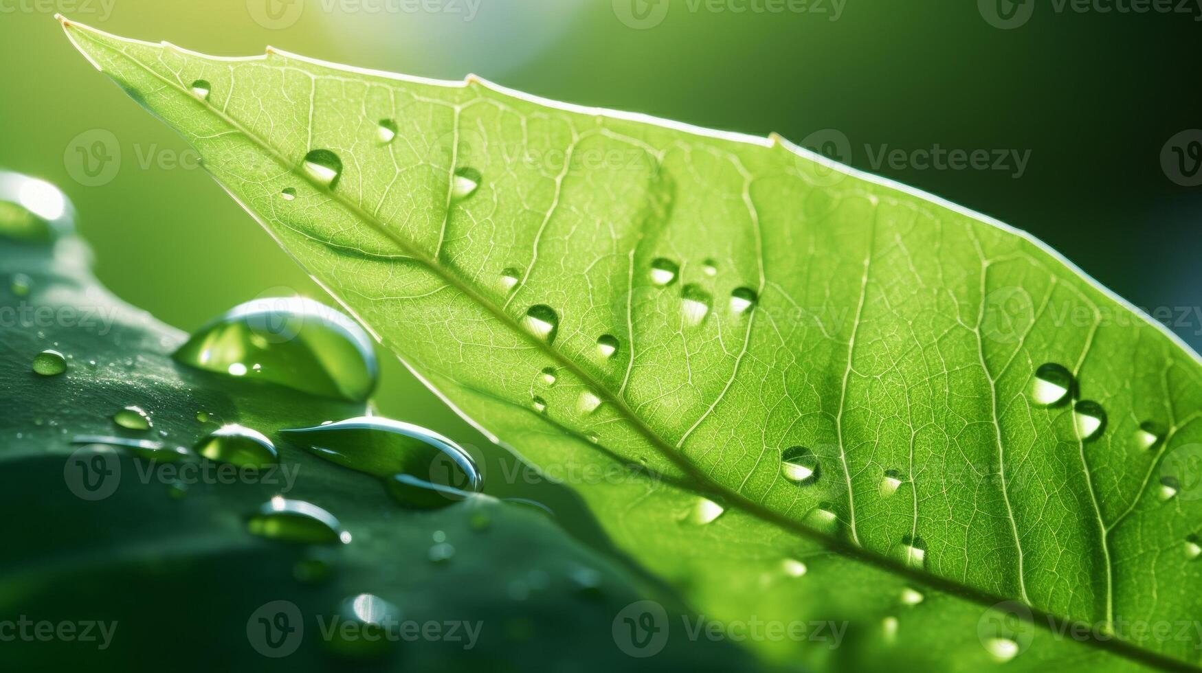 AI generated A close-up of a green leaf with water droplets under sunlight, highlighting the intricate patterns and fresh appearance of the foliage photo