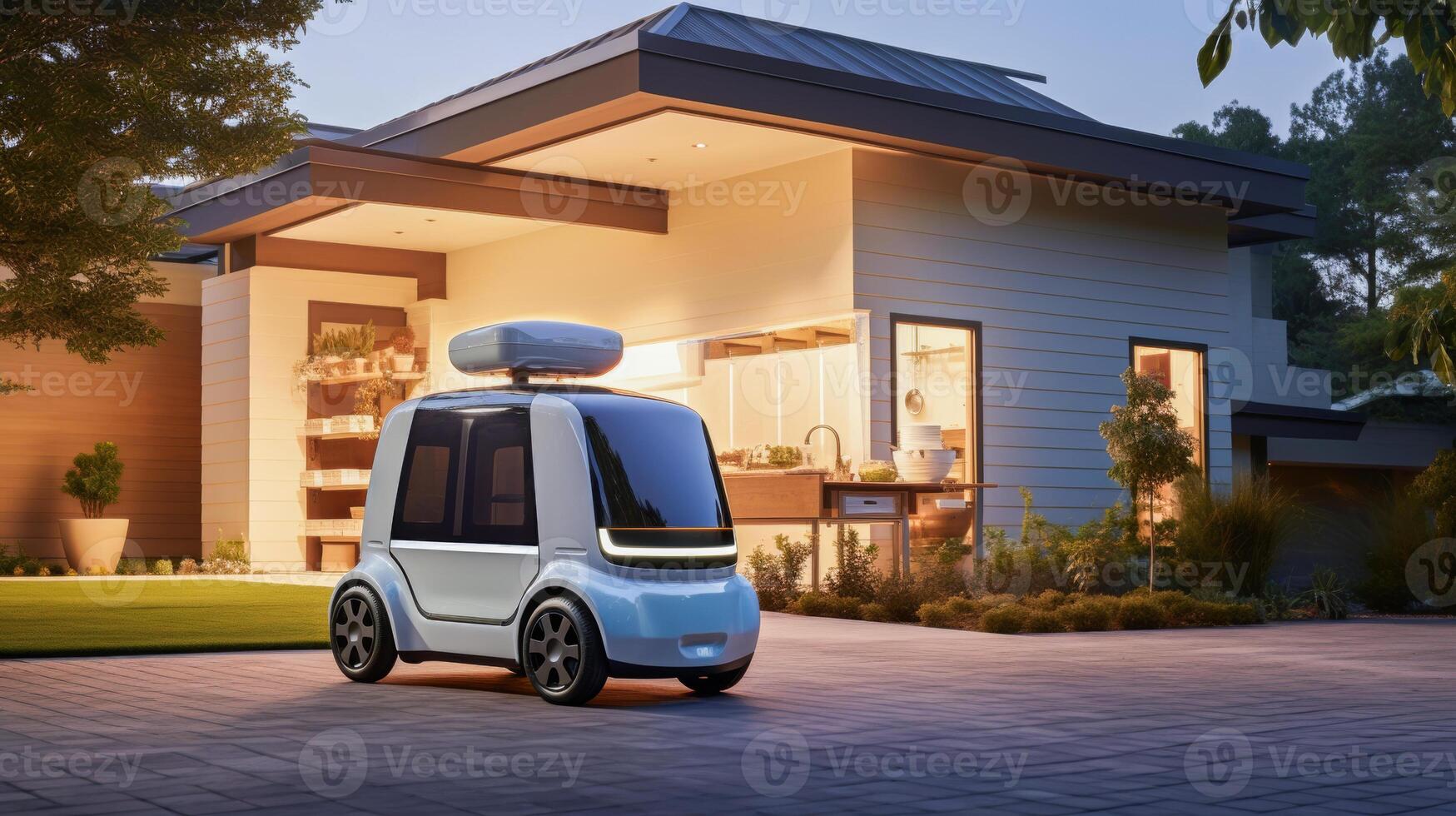 AI generated Autonomous electric delivery vehicle parked in front of a modern suburban home, the side door sliding open to reveal an array of parcels and grocery bags for contactless delivery photo