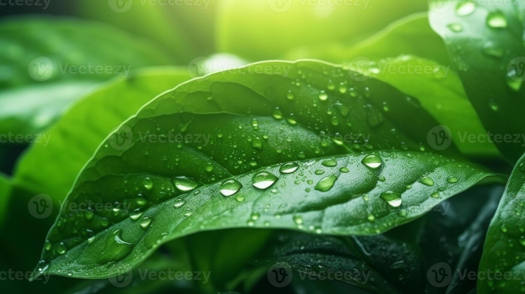 AI generated A close-up of a green leaf with water droplets under sunlight, highlighting the intricate patterns and fresh appearance of the foliage photo