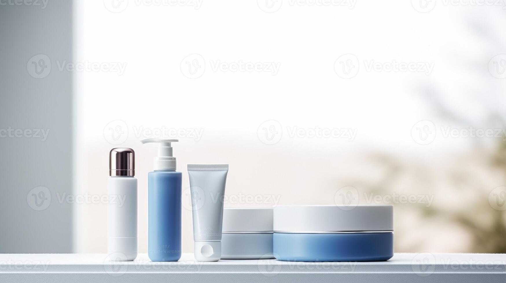 AI generated Blank cosmetic containers in a row on a shelf, with a minimalist background. Ideal for branding mockups photo