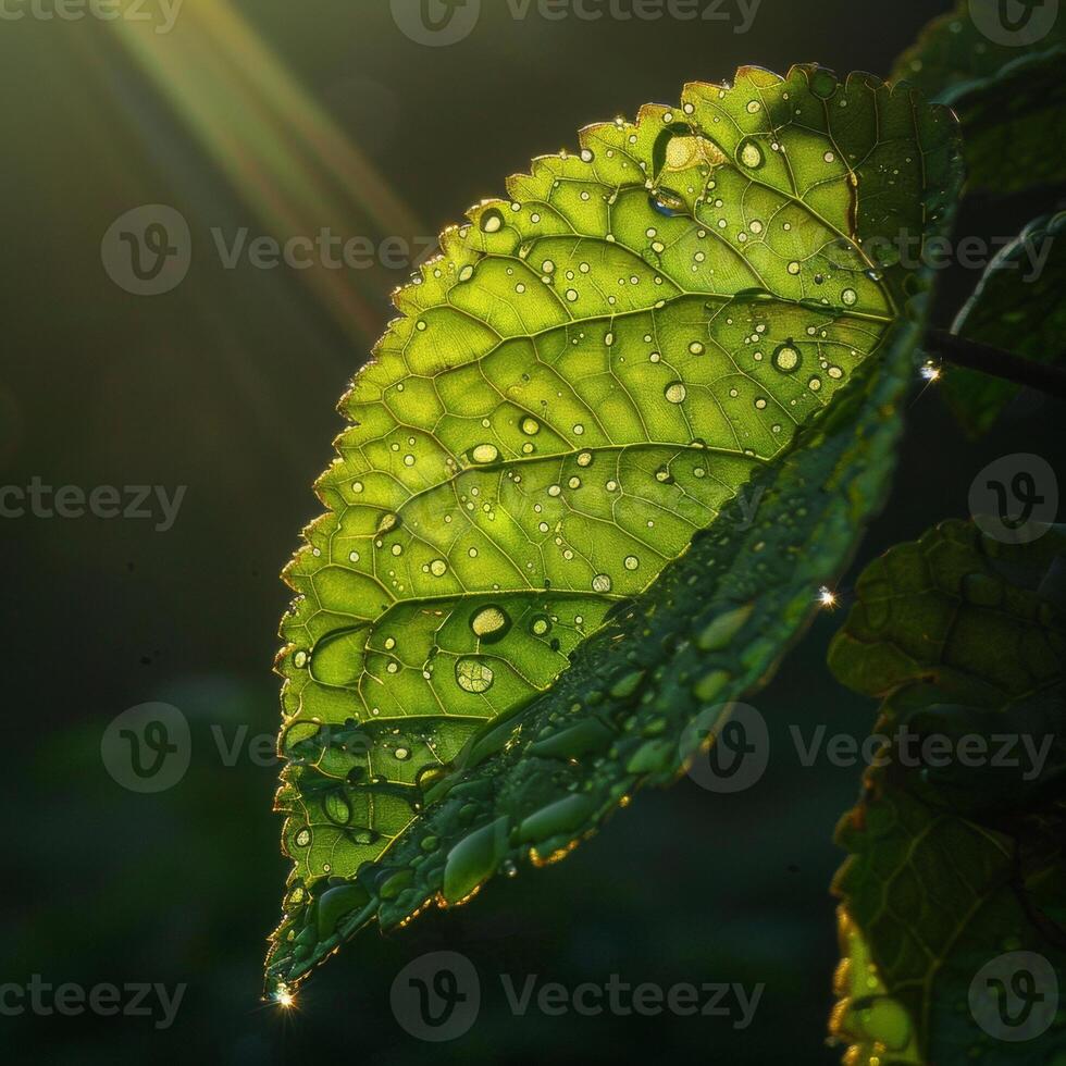 AI generated A close-up of a green leaf with water droplets under sunlight, highlighting the intricate patterns and fresh appearance of the foliage photo