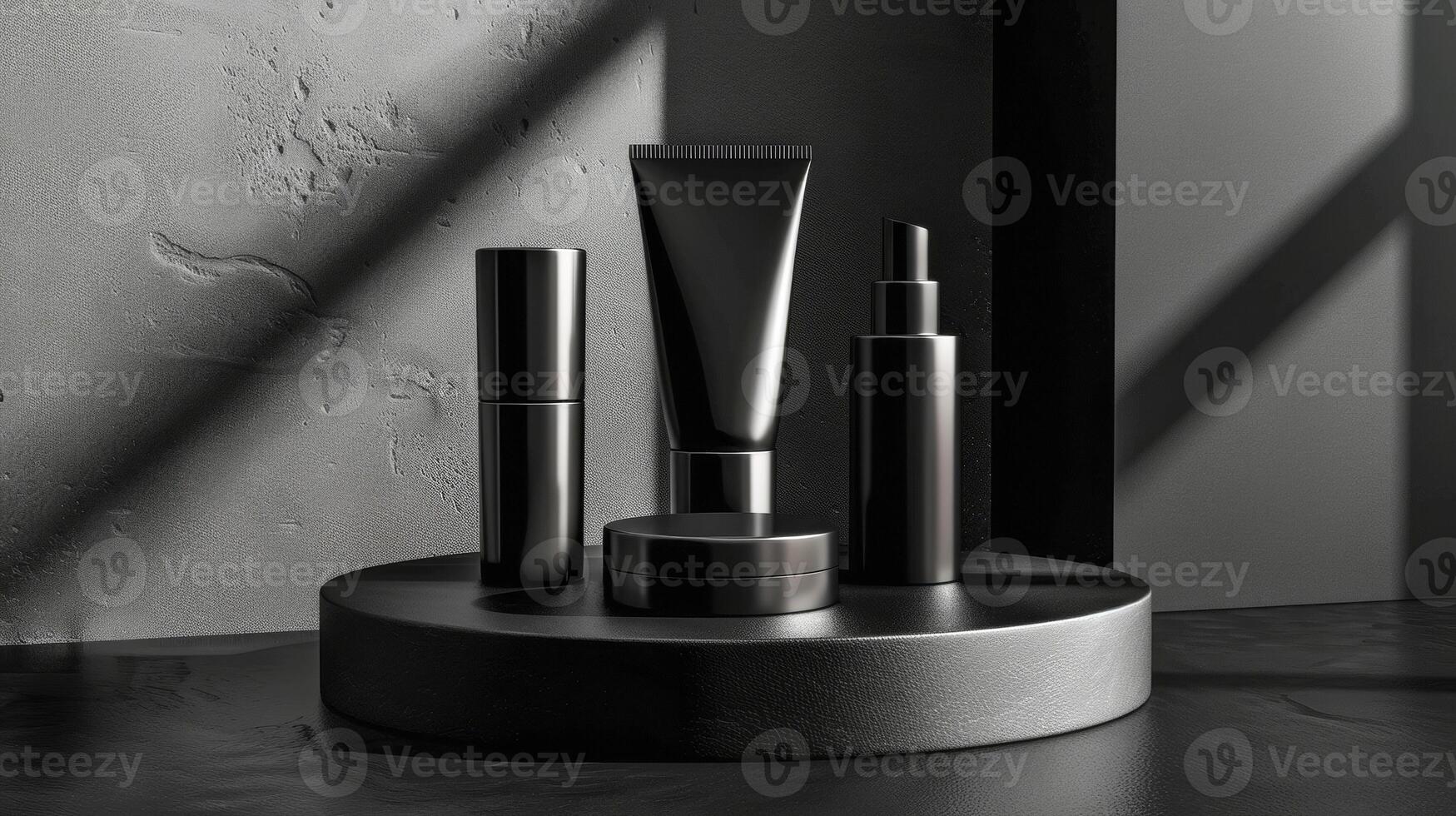 AI generated A collection of unbranded black beauty product packaging on a circular platform with a textured dark background illuminated by a slanted light beam, stand with copy space for text photo