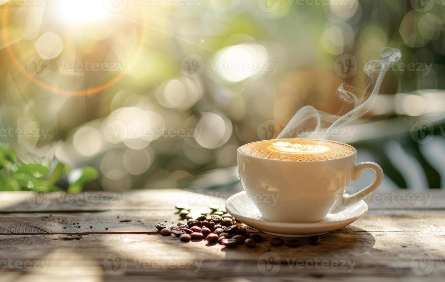 AI generated Steaming cup of coffee with artistic latte foam art on a rustic wooden table, coffee beans scattered alongside photo
