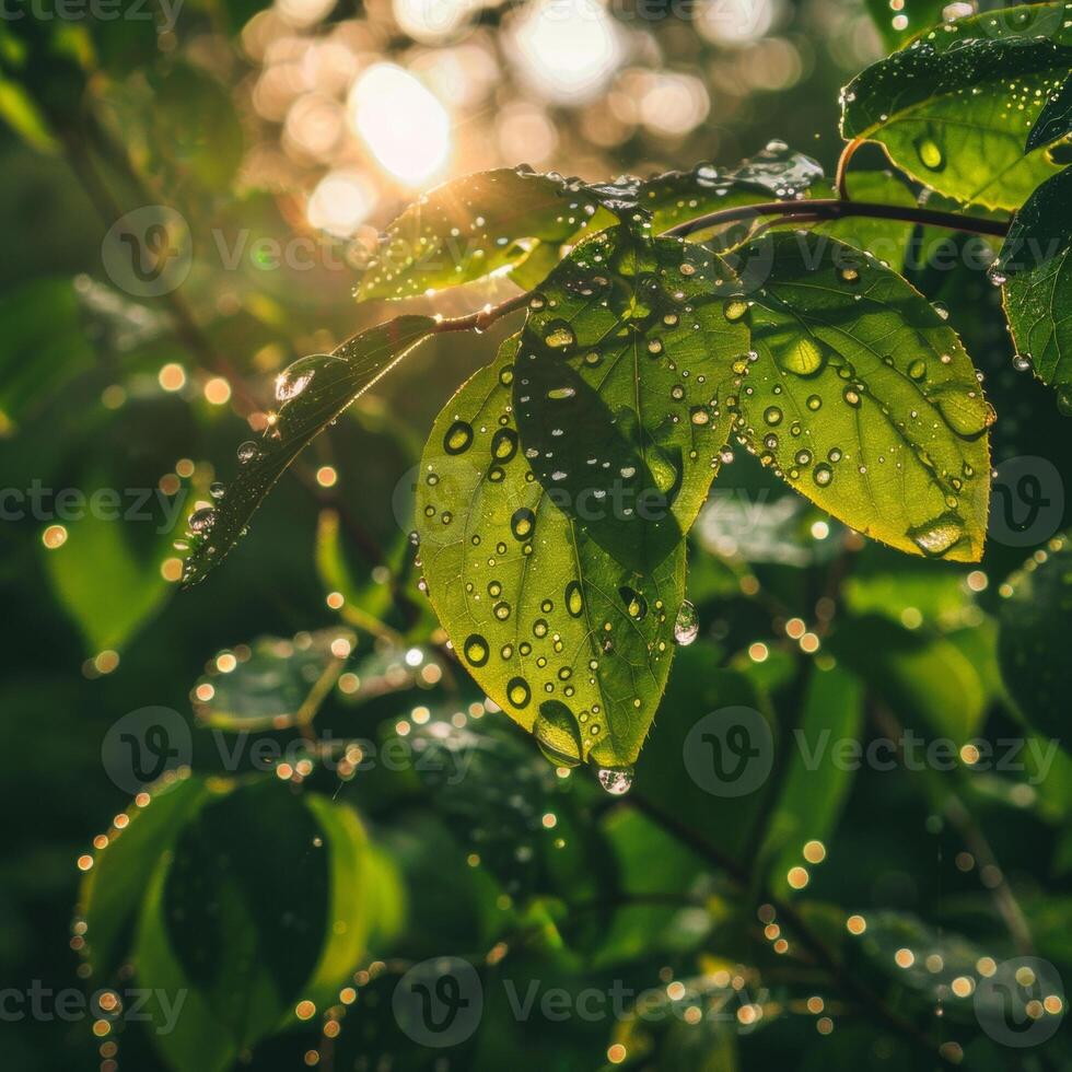 AI generated Sunlight filters through green leaves dotted with water droplets, casting rays of light in a tranquil forest scene photo