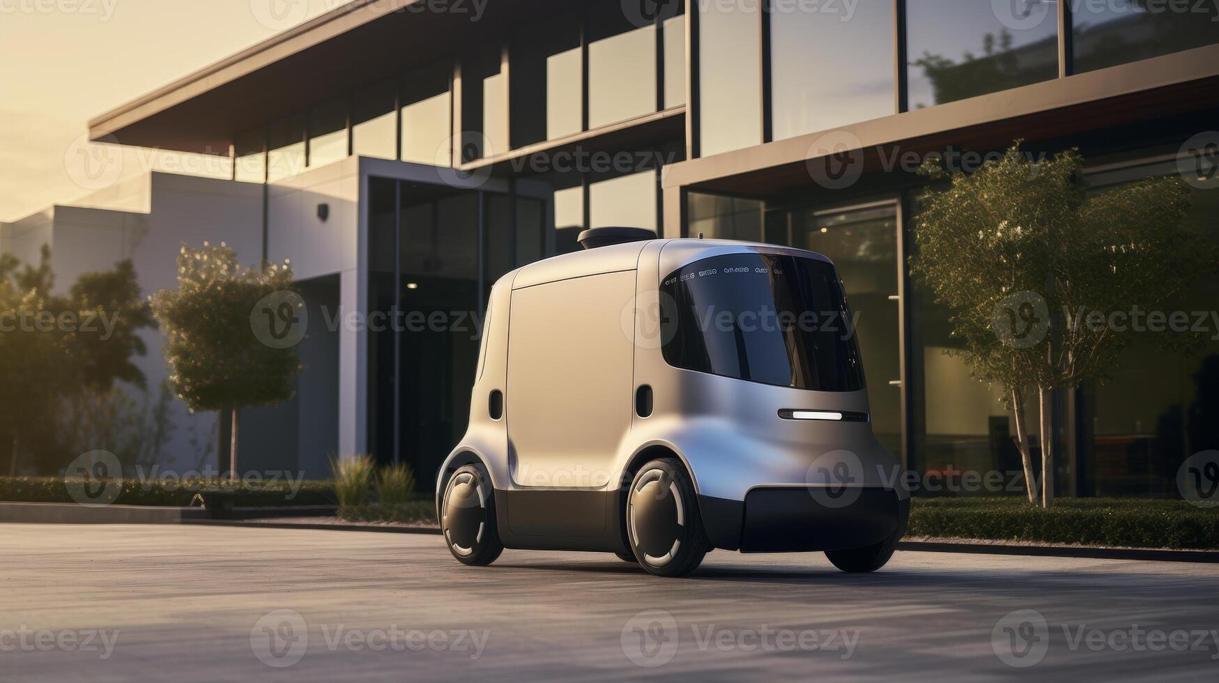 AI Generated The photo shows a compact, autonomous delivery robot with a polished design, navigating a corridor indoors, possibly ready for contactless delivery