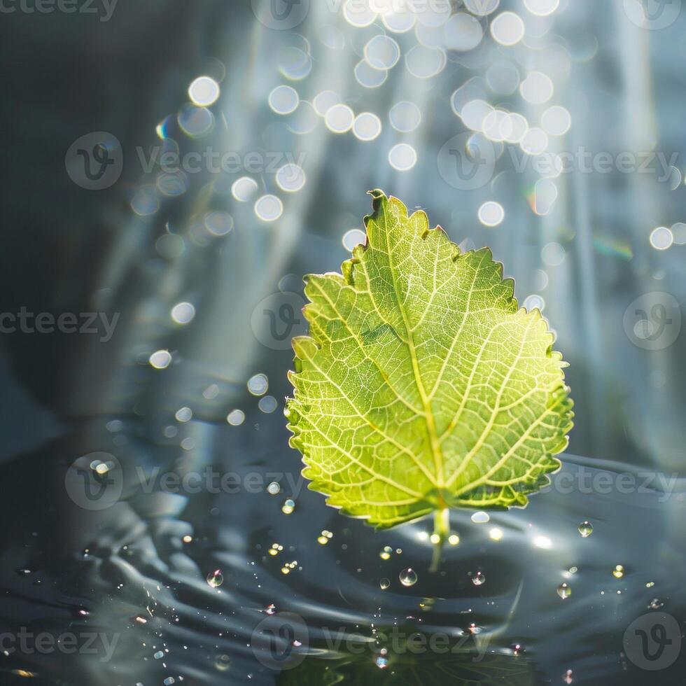 AI generated A close-up of a green leaf with water droplets under sunlight, highlighting the intricate patterns and fresh appearance of the foliage photo