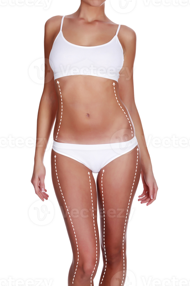 Dotted lines on beautiful female body. Closeup of woman slim fit body with white marks, isolated png