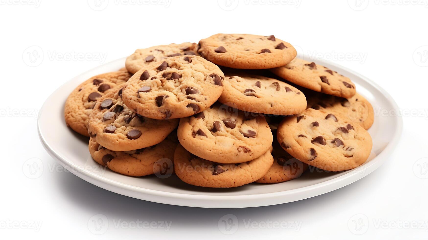 AI generated Chocolate chip cookies on plate isolated on white background with clipping path photo