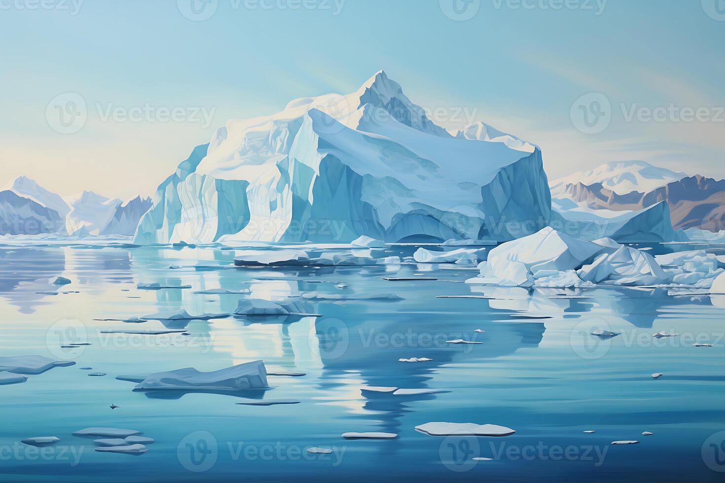 AI generated Illustration of icebergs in the ocean at sunset, global warming concept photo