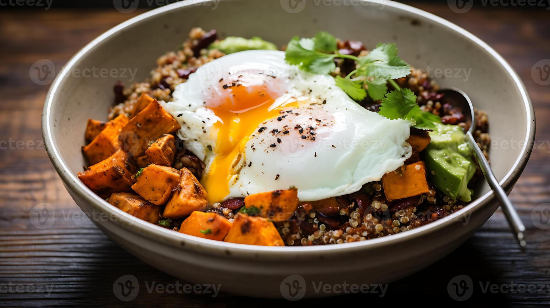 AI generated Bowl of quinoa with pumpkin and poached egg on wooden table photo