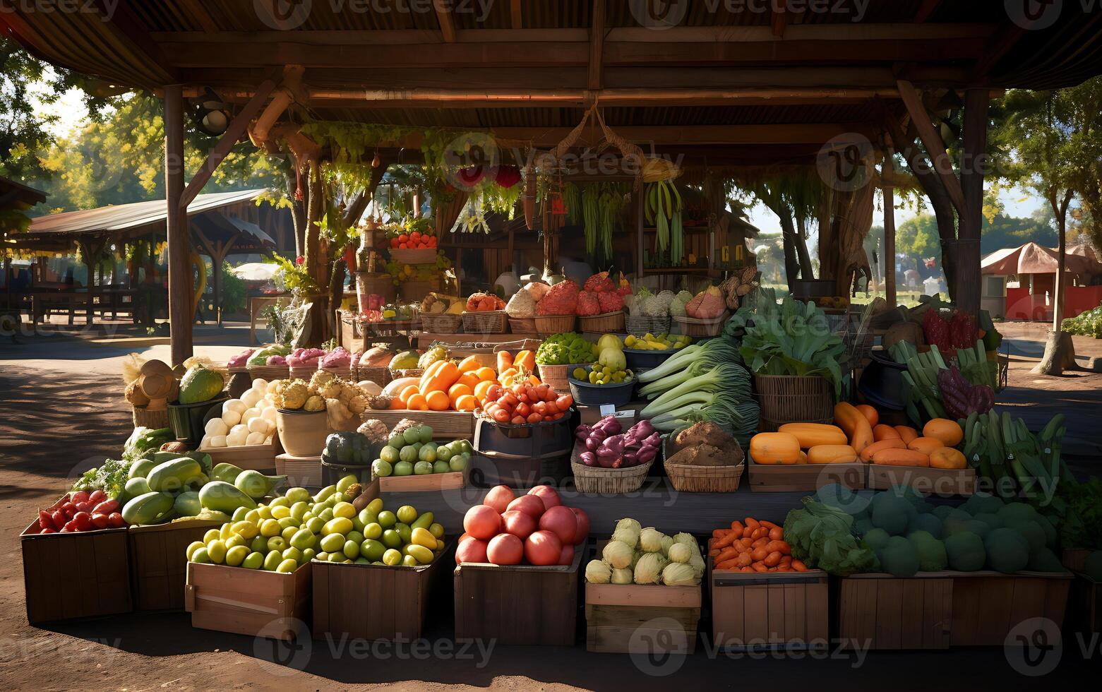AI generated Fruits and vegetables for sale at local market photo