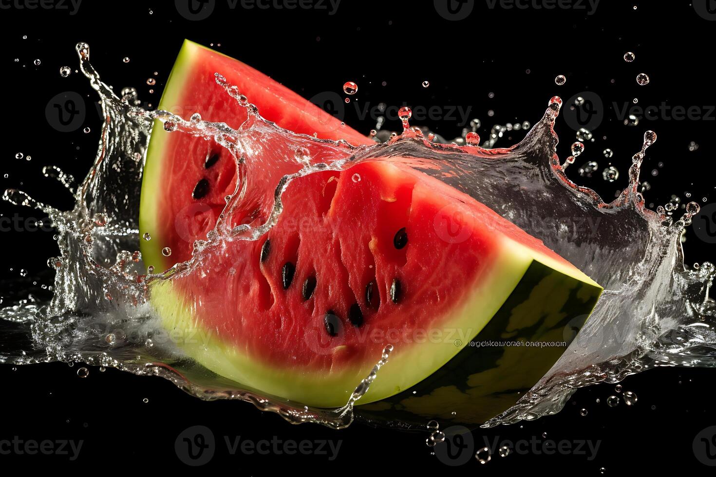 AI generated Watermelon with water splash isolated on black background. Fresh fruit. photo