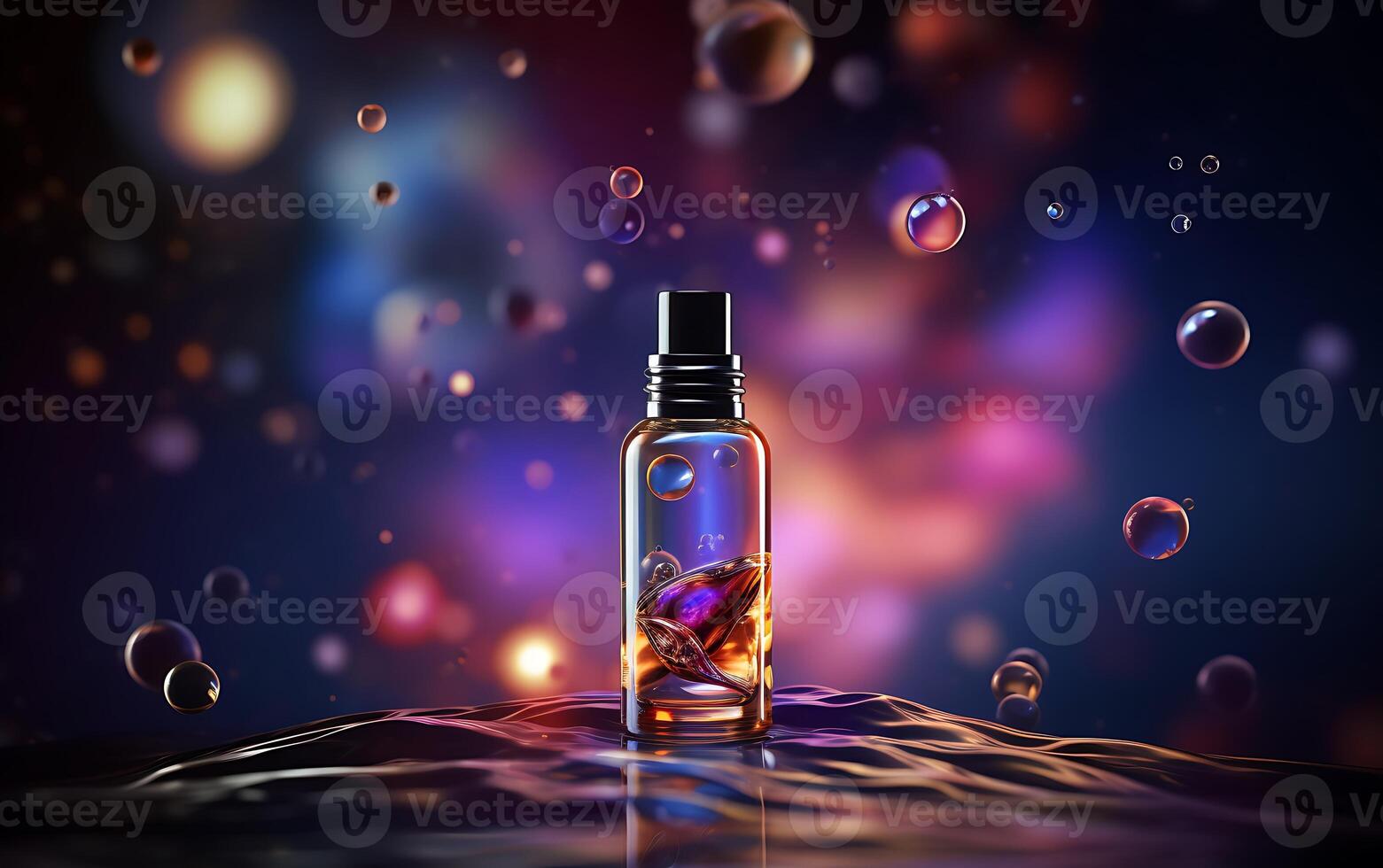 AI generated Perfume bottle with colorful drops and splashes on dark background photo