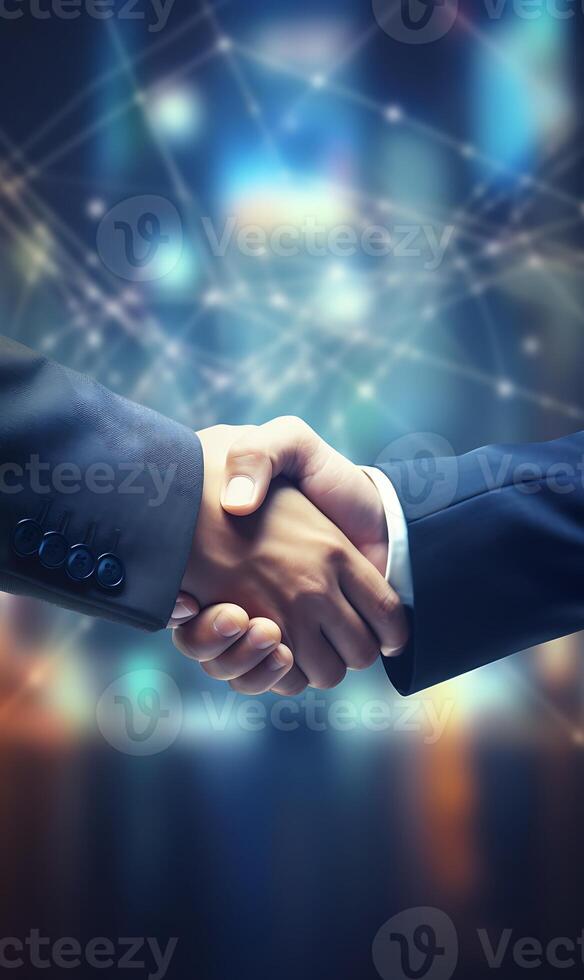 AI generated Close up of business people shaking hands on blurred background. Mixed media photo