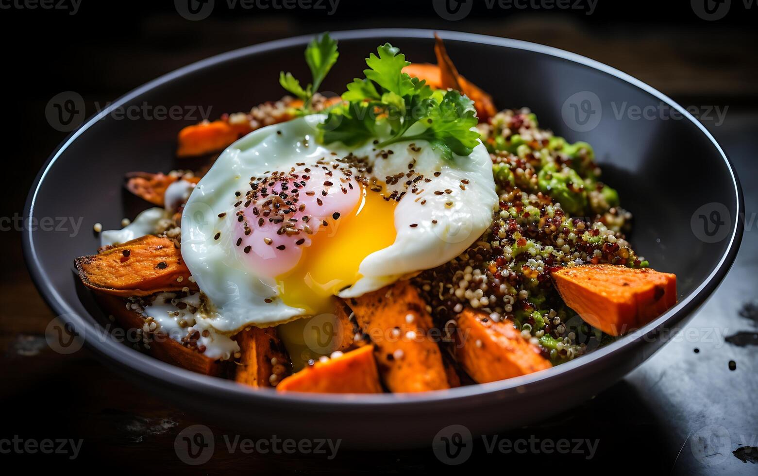 AI generated Bowl of quinoa with pumpkin and poached egg on wooden table photo