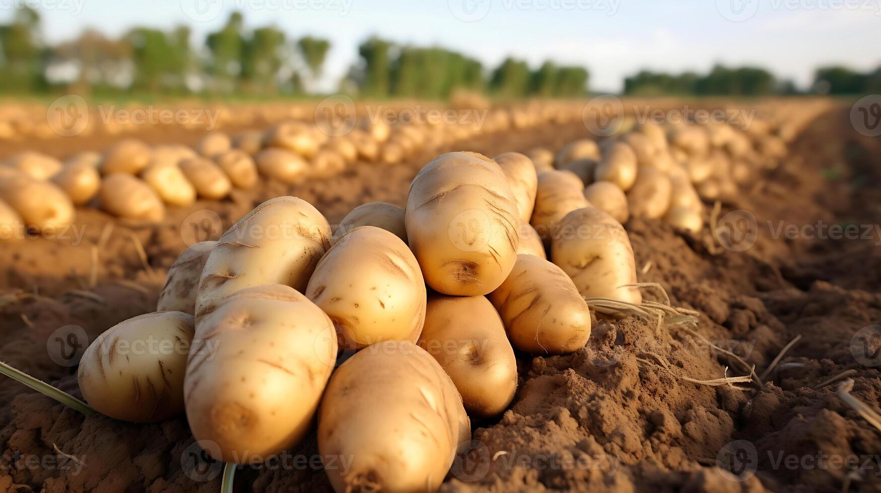 AI generated Harvested white carrots on the field in the rays of the setting sun photo