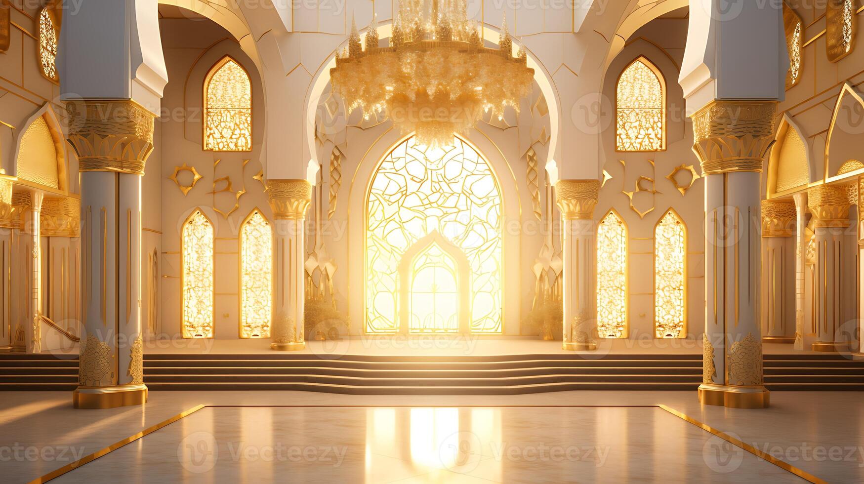 AI generated 3D rendering of a beautiful mosque with islamic decorations. photo