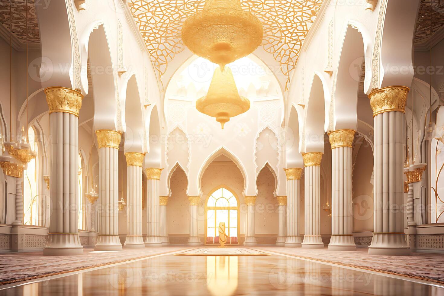 AI generated 3D rendering of a beautiful mosque with islamic decorations. photo