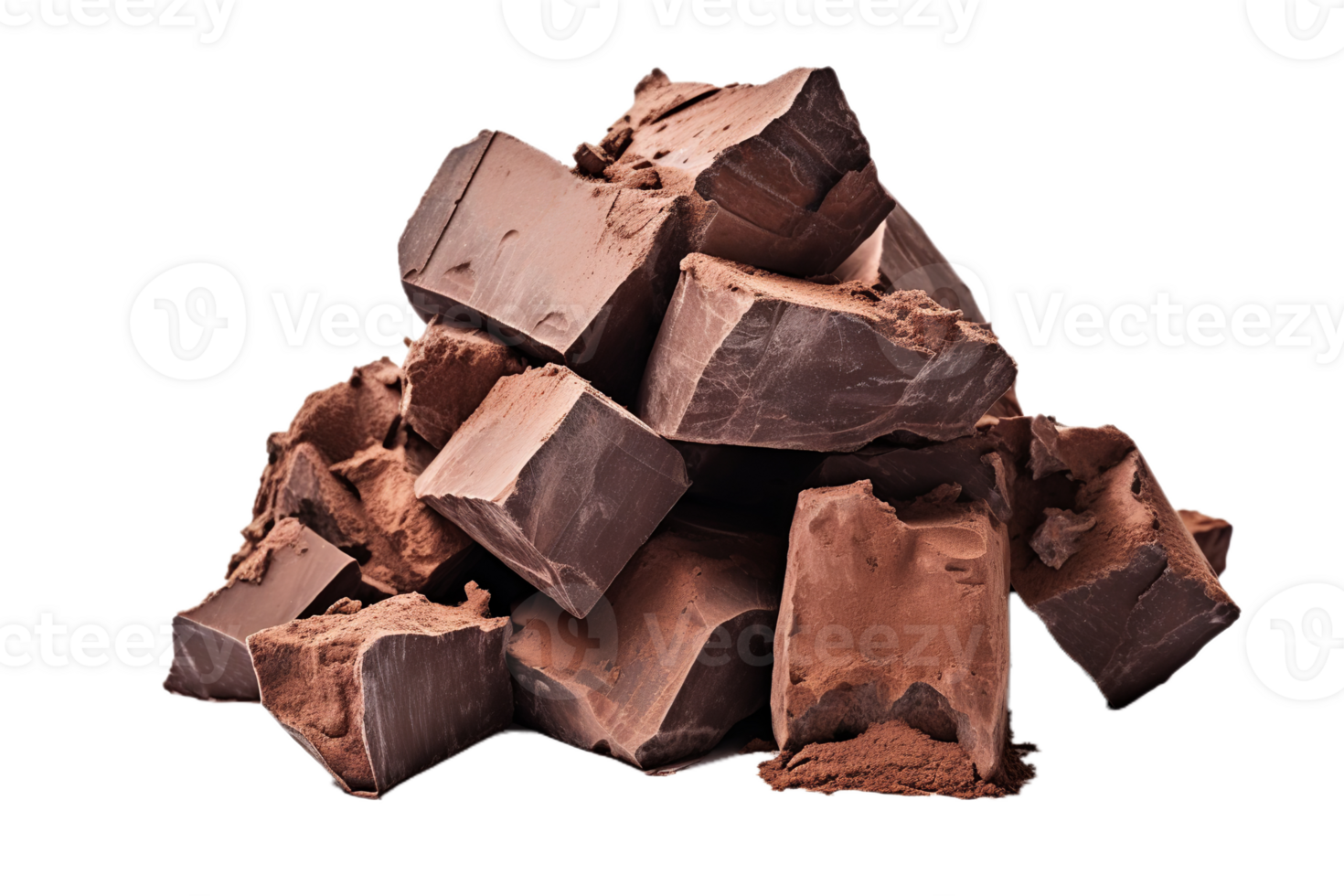 AI generated A pile of broken dark chocolate pieces, chocolate block and chunks together, jagged edges, rough clusters, dark and gritty, transparent background png
