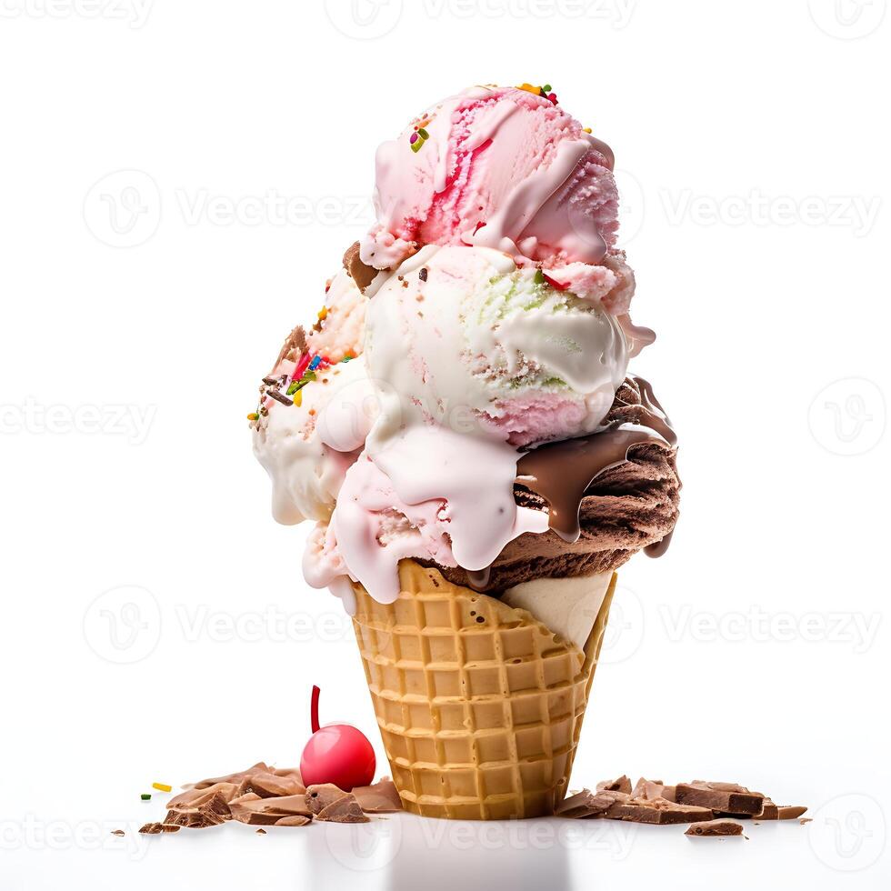 ai generado hielo crema en gofre cono con salpicaduras y gotas aislado en blanco antecedentes foto