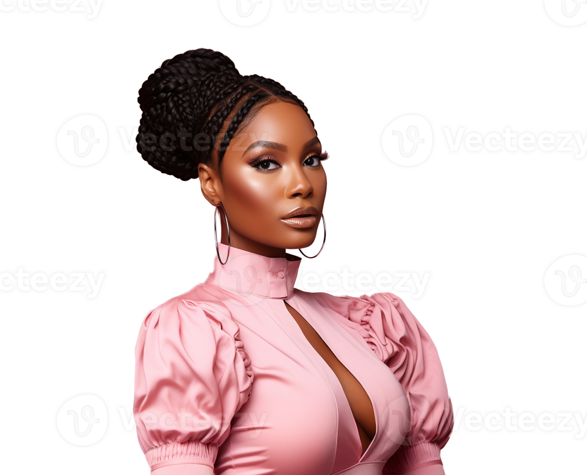 AI generated Black woman with braid hair wearing a shiny, pink, long sleeved top, Transparent Background png