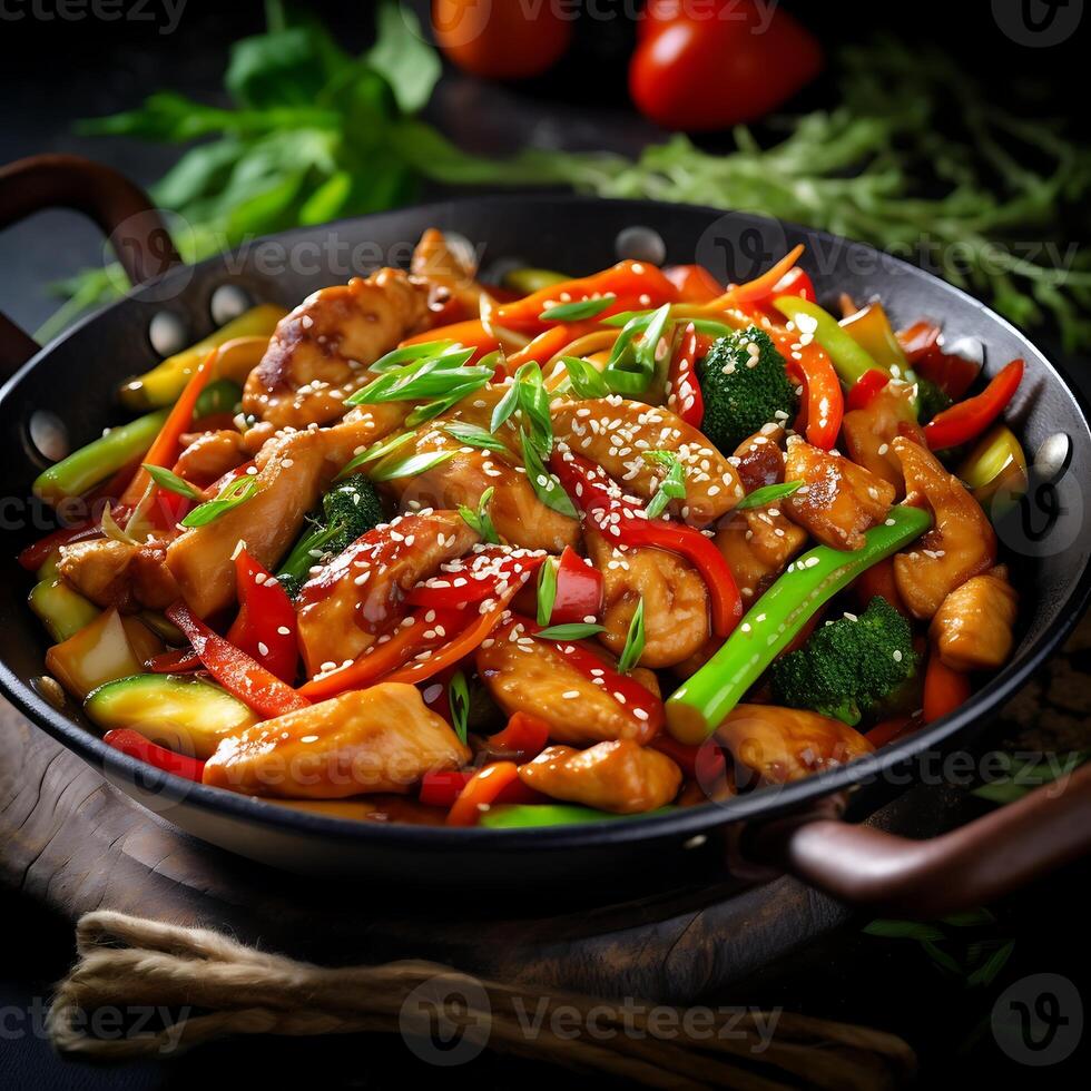 AI generated stir-fried chicken with mushrooms and vegetables on a black background photo
