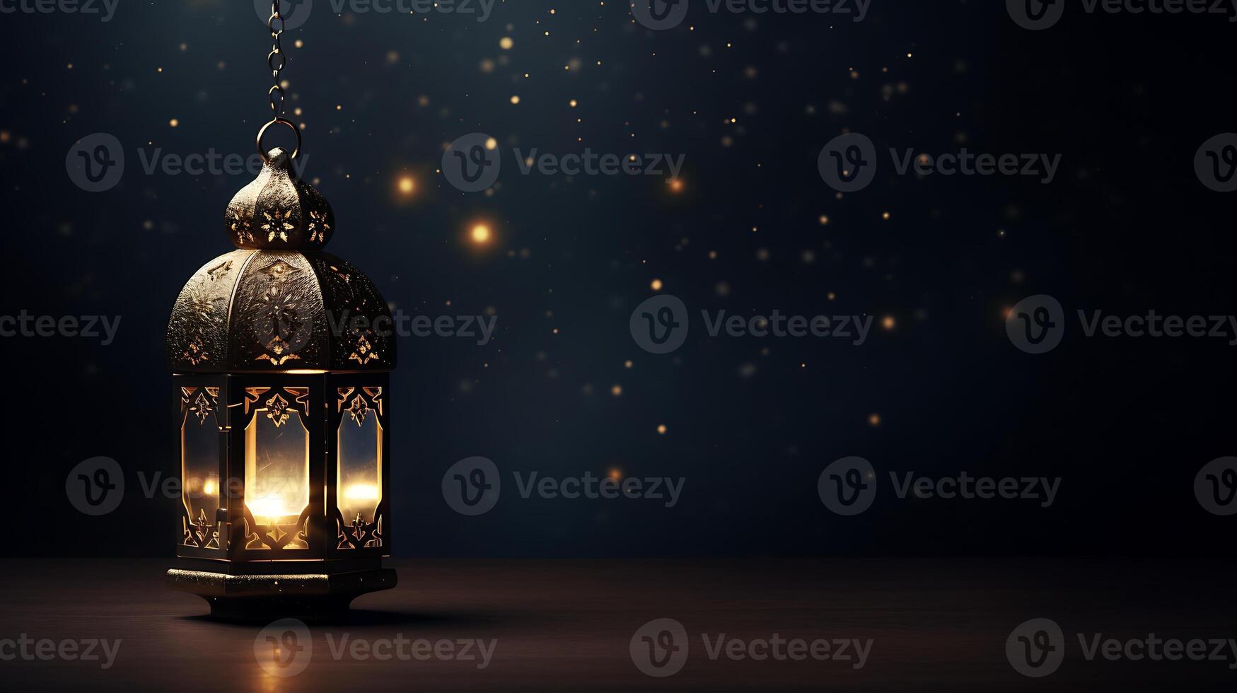 AI generated Ramadan Kareem background with golden lantern and bokeh lights photo