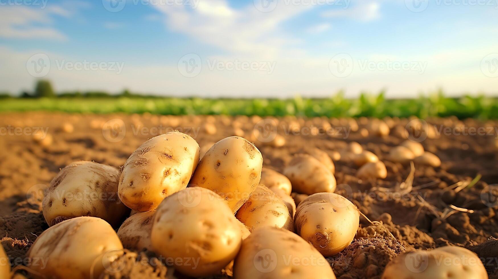 AI generated Harvested potatoes on a field in the light of the setting sun photo