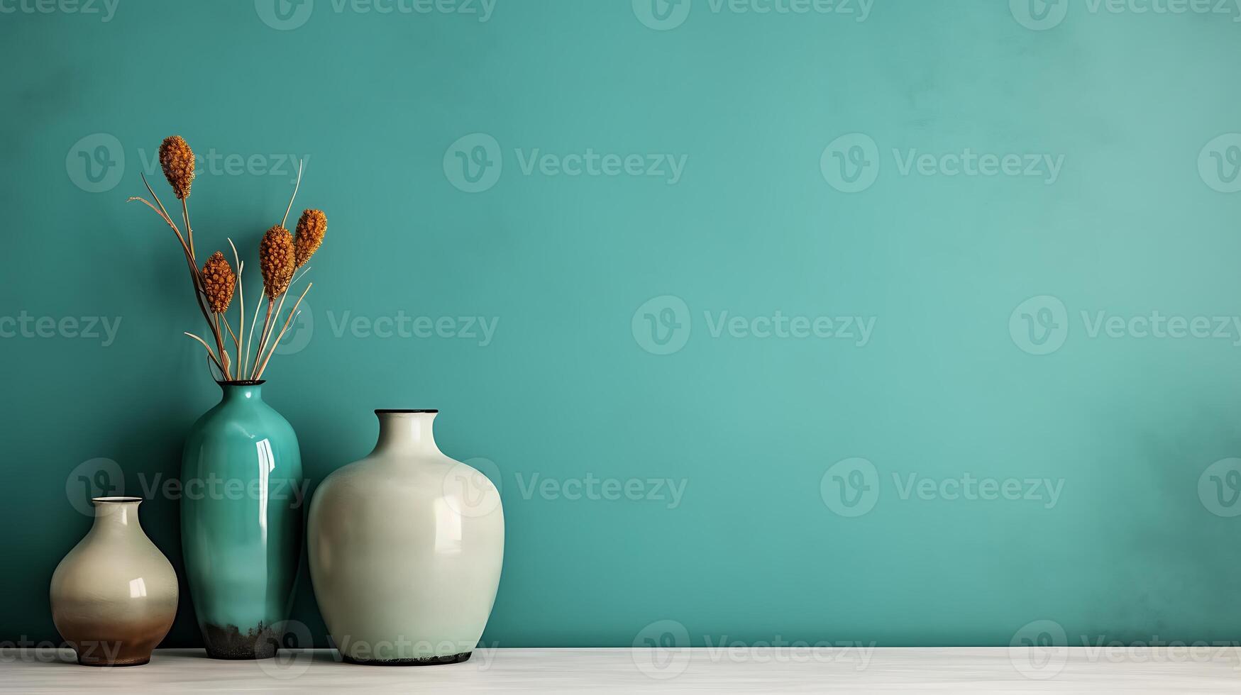 AI generated Vase with dried flowers on white table against turquoise wall photo