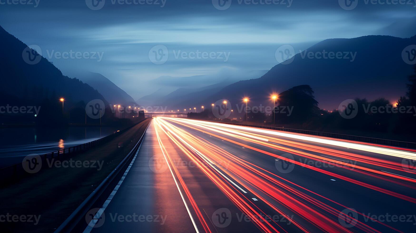 ai generado luces de carros con noche. largo exposición foto tomado en porcelana.