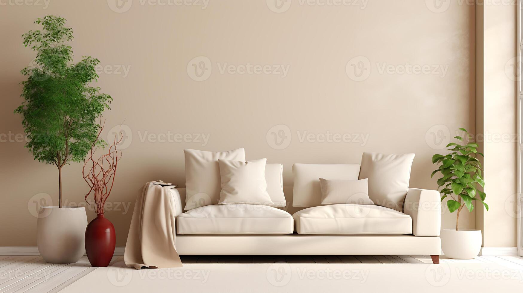 AI generated Living room interior with a beige sofa, coffee table and pampas grass. 3d render photo