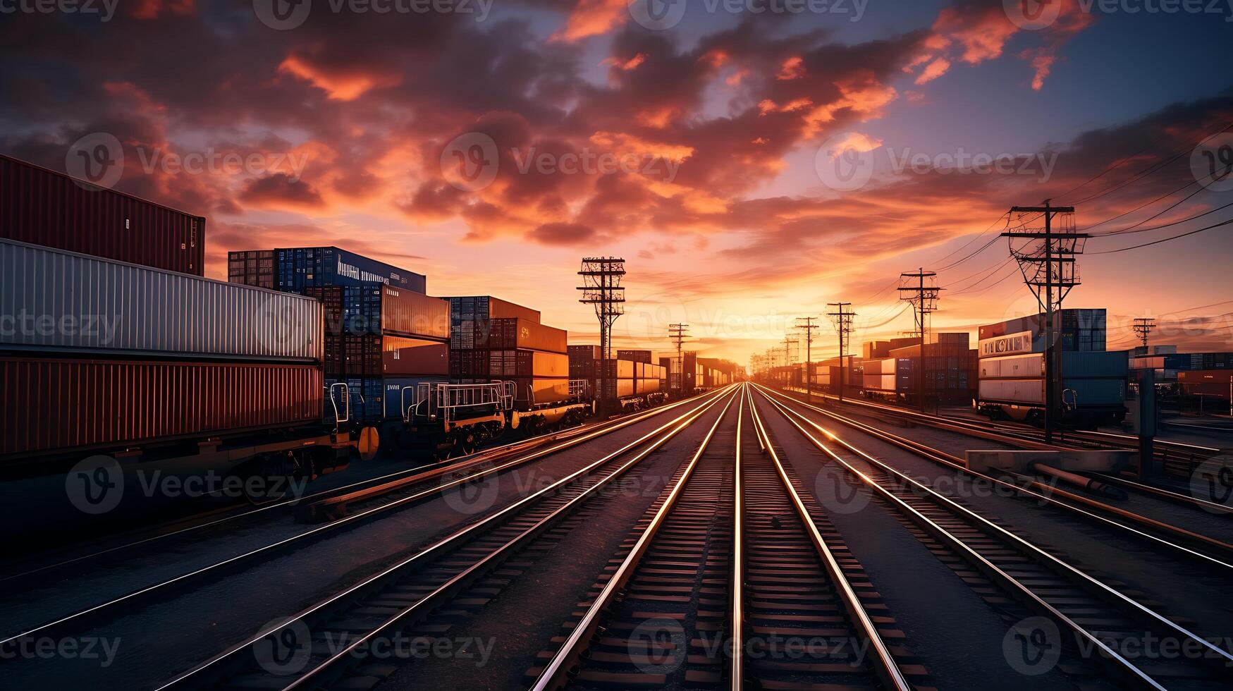 AI generated Railway and freight train at sunset, transportation and logistics concept. photo