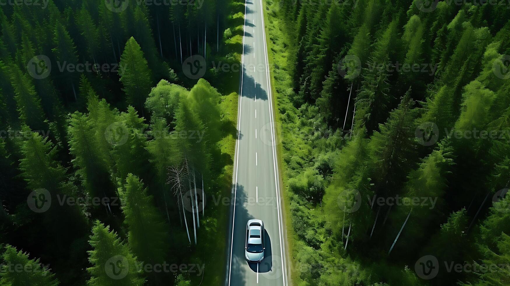 AI generated Car driving on the road through the forest. 3d rendering. photo