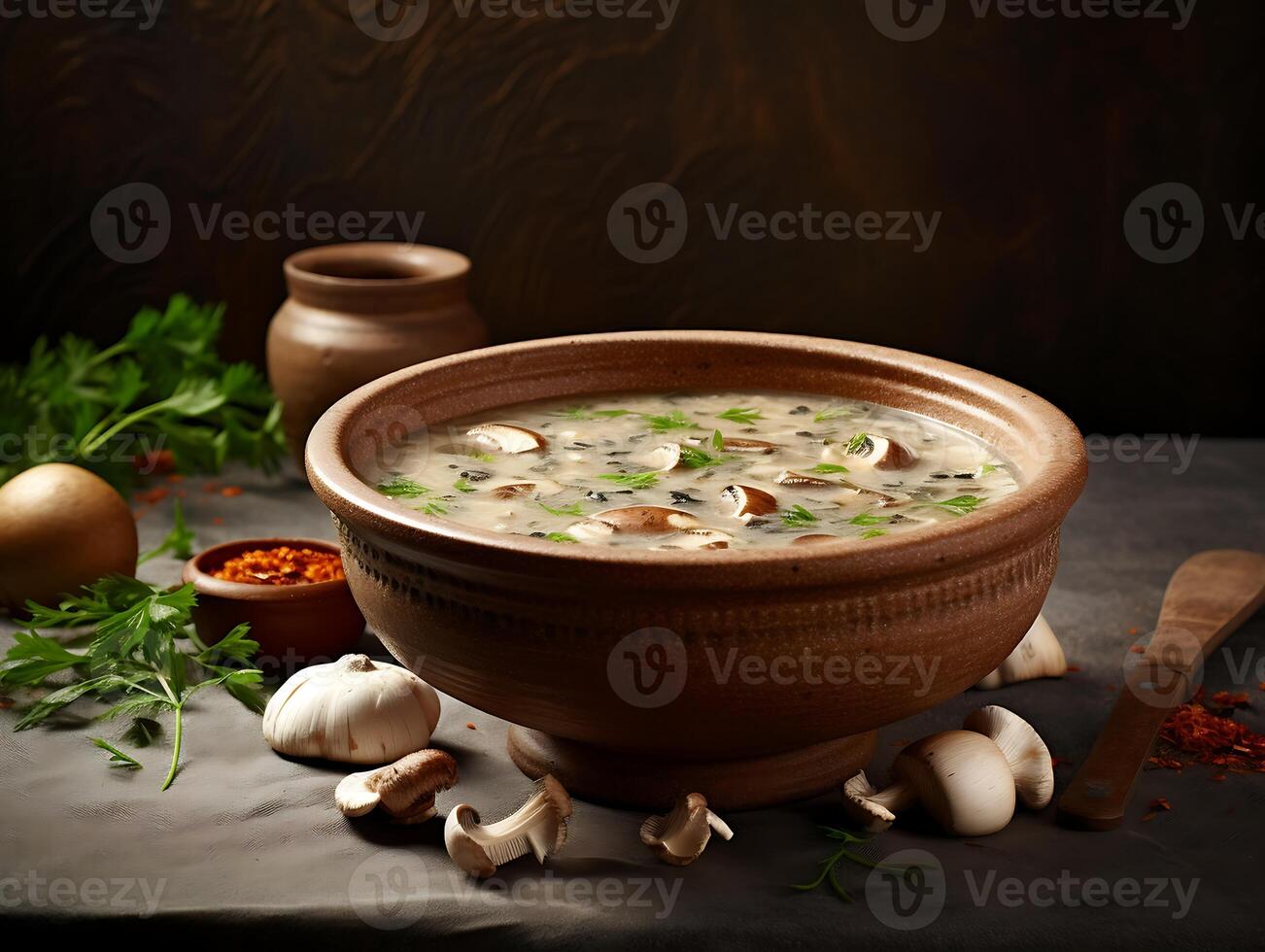 AI generated Mushroom soup in a ceramic bowl on a light background. photo