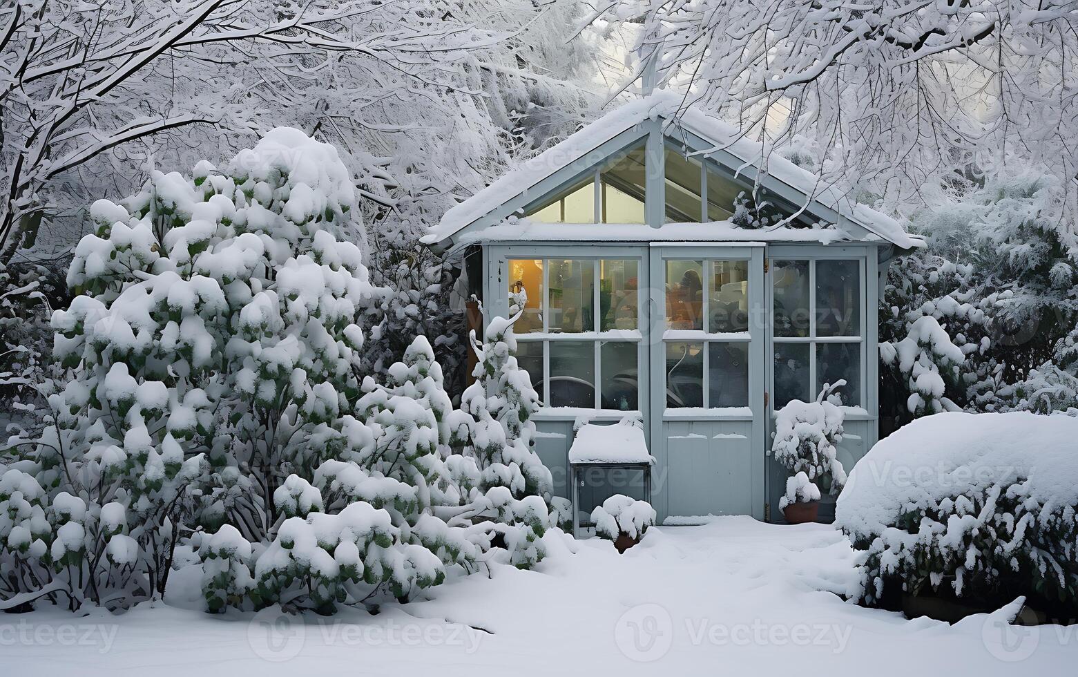 ai generado hermosa invierno paisaje con cubierto de nieve arboles y un de madera casa foto