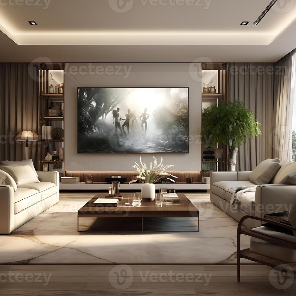 AI generated 3d rendering luxury and modern living room with tv set on wall photo