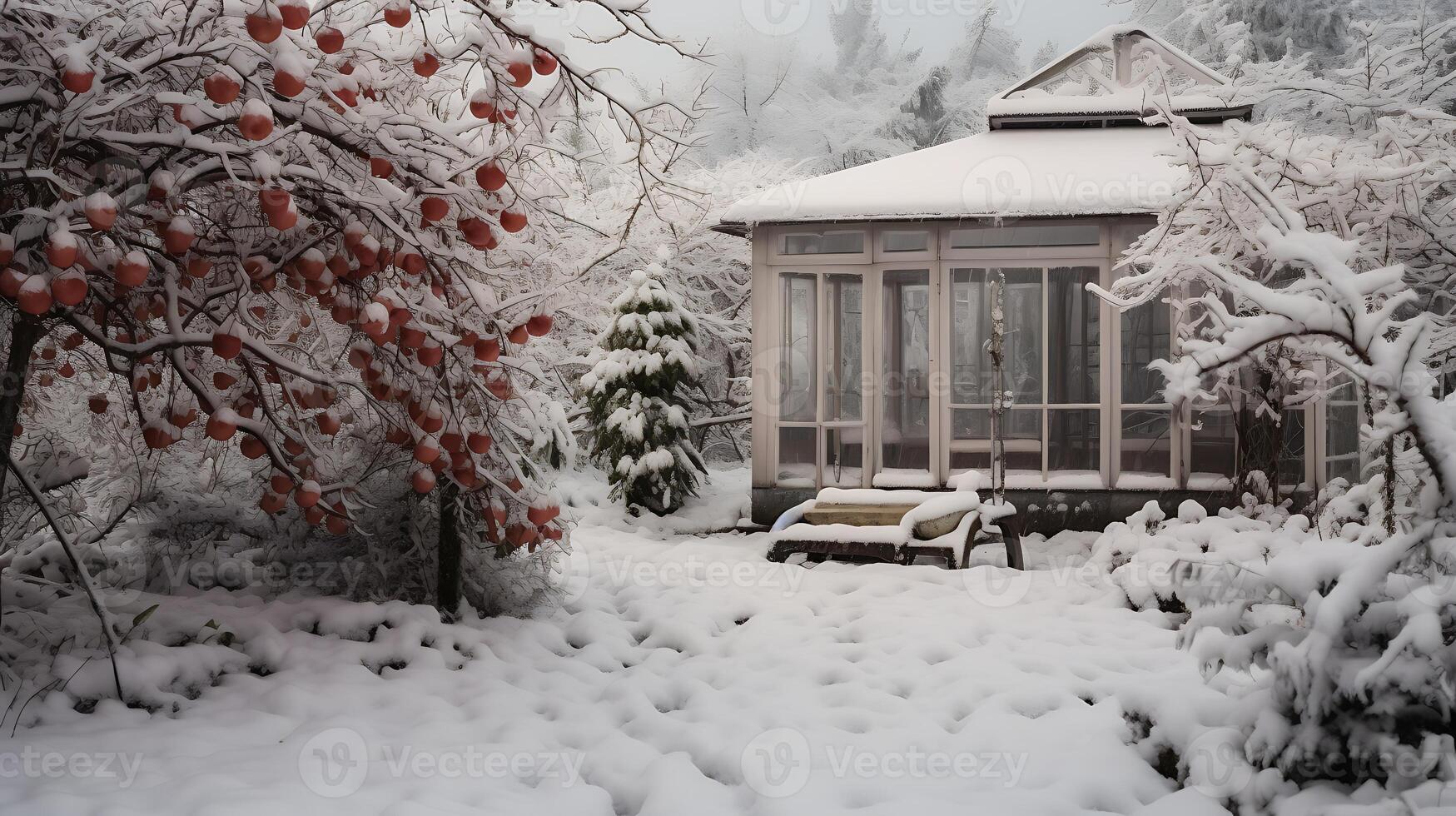 AI generated Snow covered flower pots in a greenhouse on a snowy winter day. photo