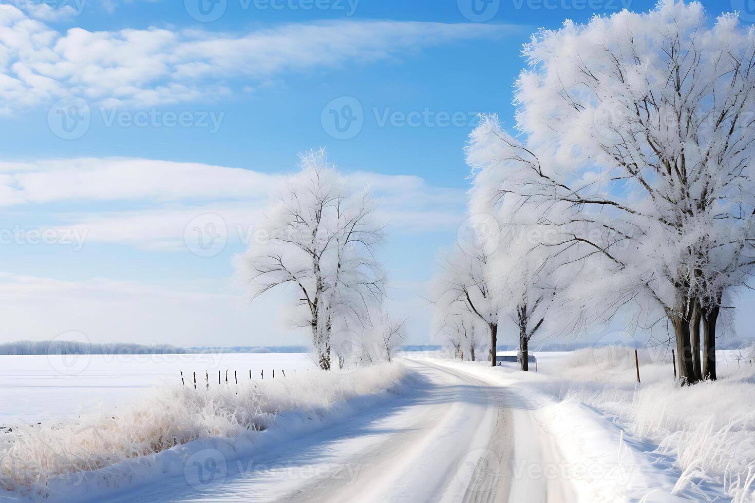 ai generado hermosa invierno paisaje con la carretera y arboles cubierto con escarcha foto