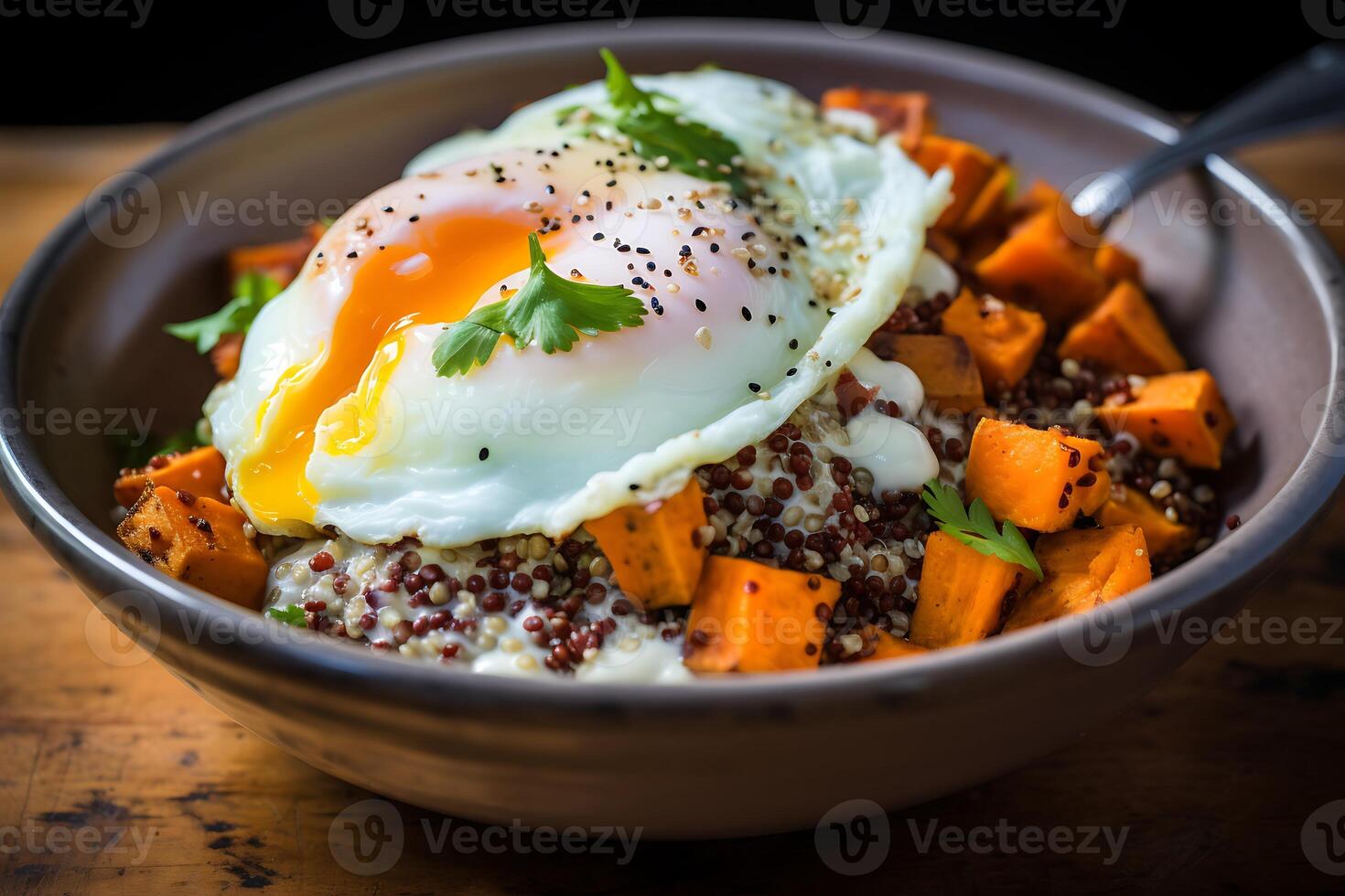 AI generated Baked sweet potato with poached egg in a bowl on dark wooden background photo