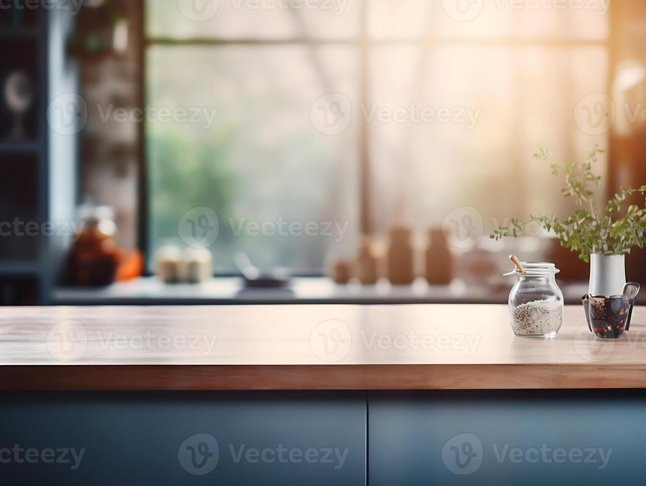 ai generado de cerca de de madera encimera en moderno cocina. borroso antecedentes. foto