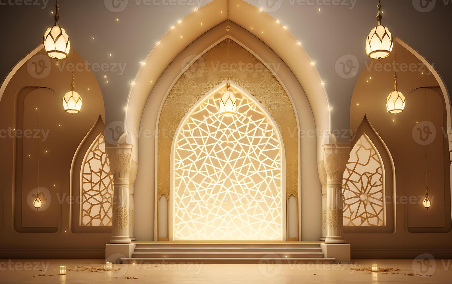 AI generated Illustration of Ramadan Kareem background with mosque and golden confetti photo