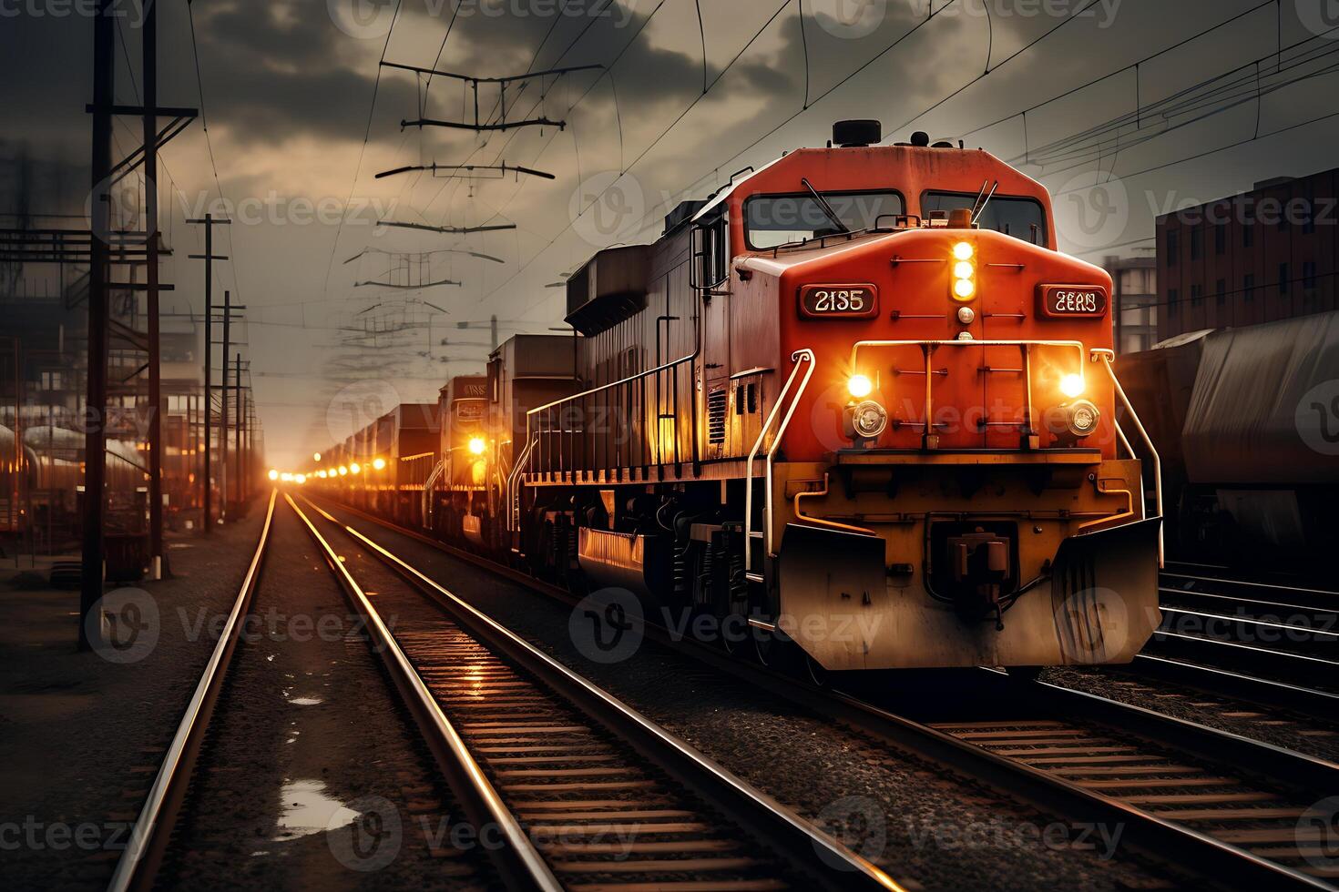 AI generated Freight train at sunset. Freight transportation. 3D rendering photo