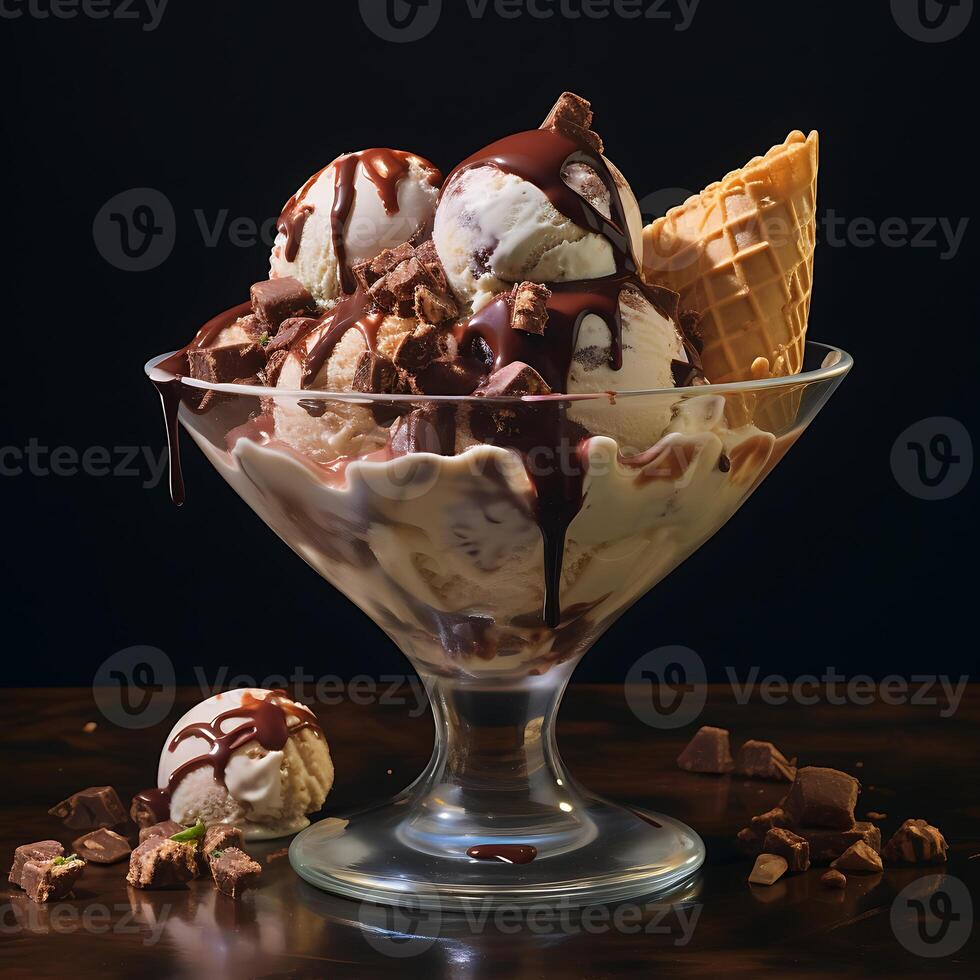 AI generated ice cream in glass bowl with chocolate and vanilla ice cream on wooden table photo