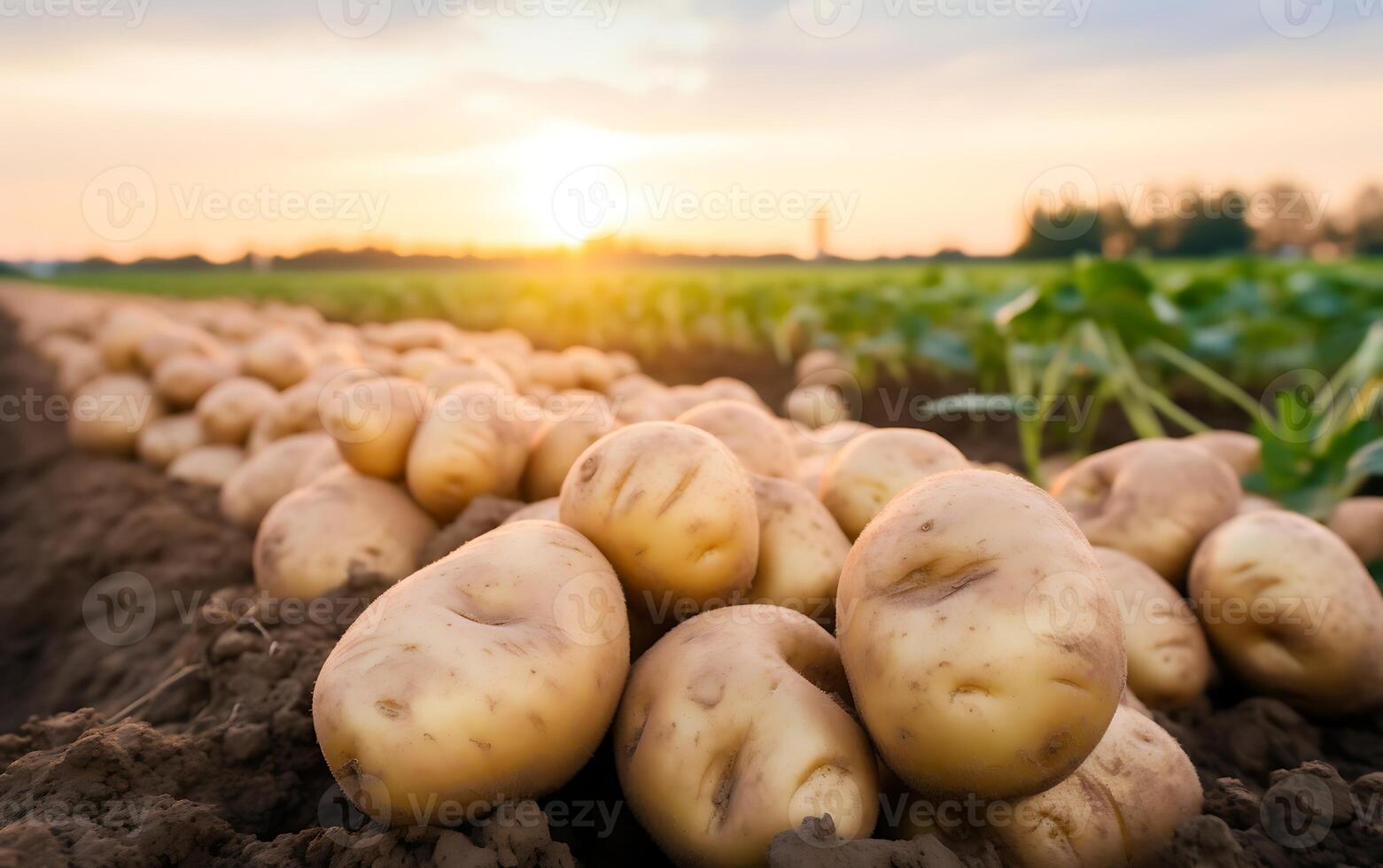 AI generated Freshly dug potatoes lying on the ground in the field photo