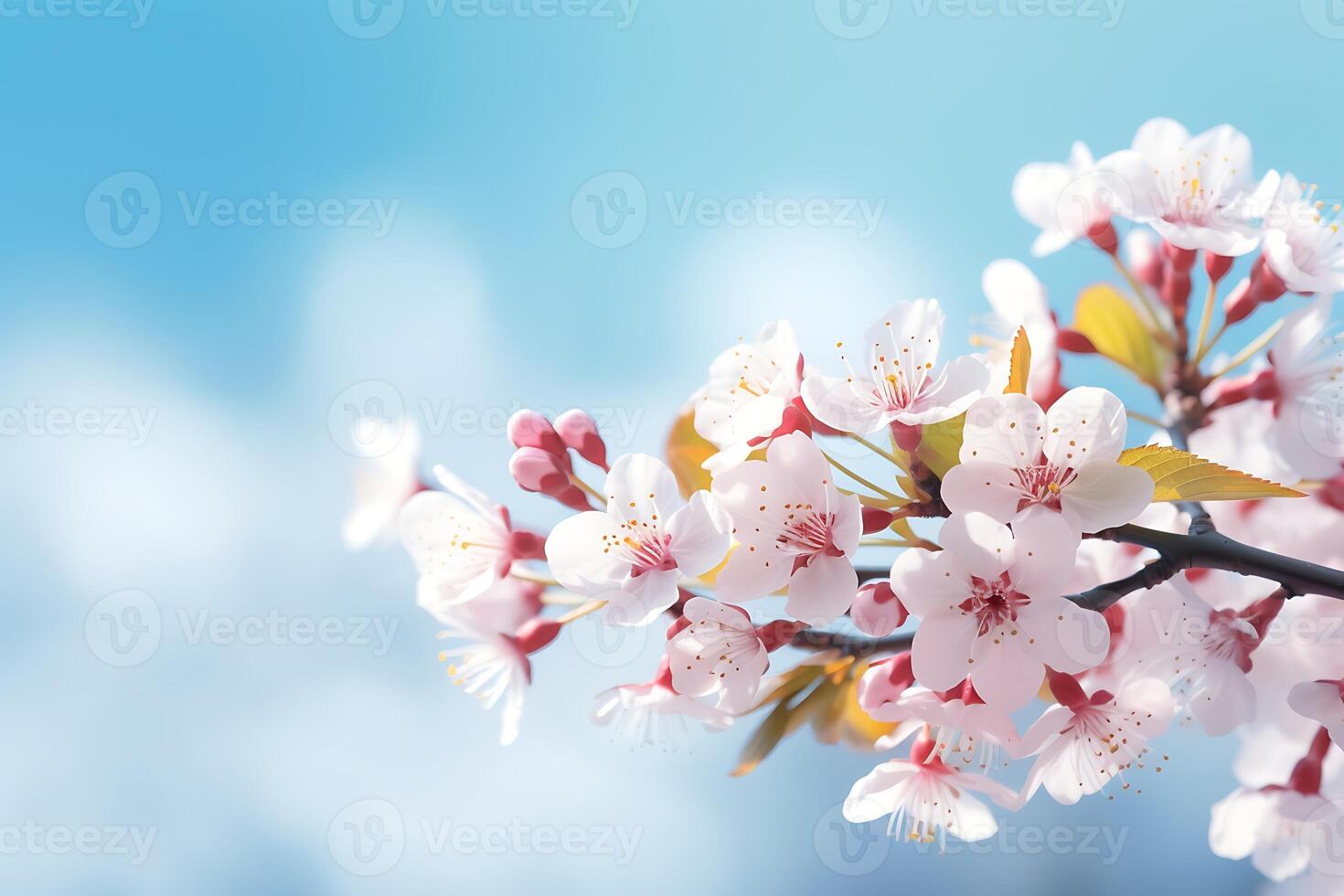 AI generated cherry blossom in spring time on blue sky background, soft focus photo