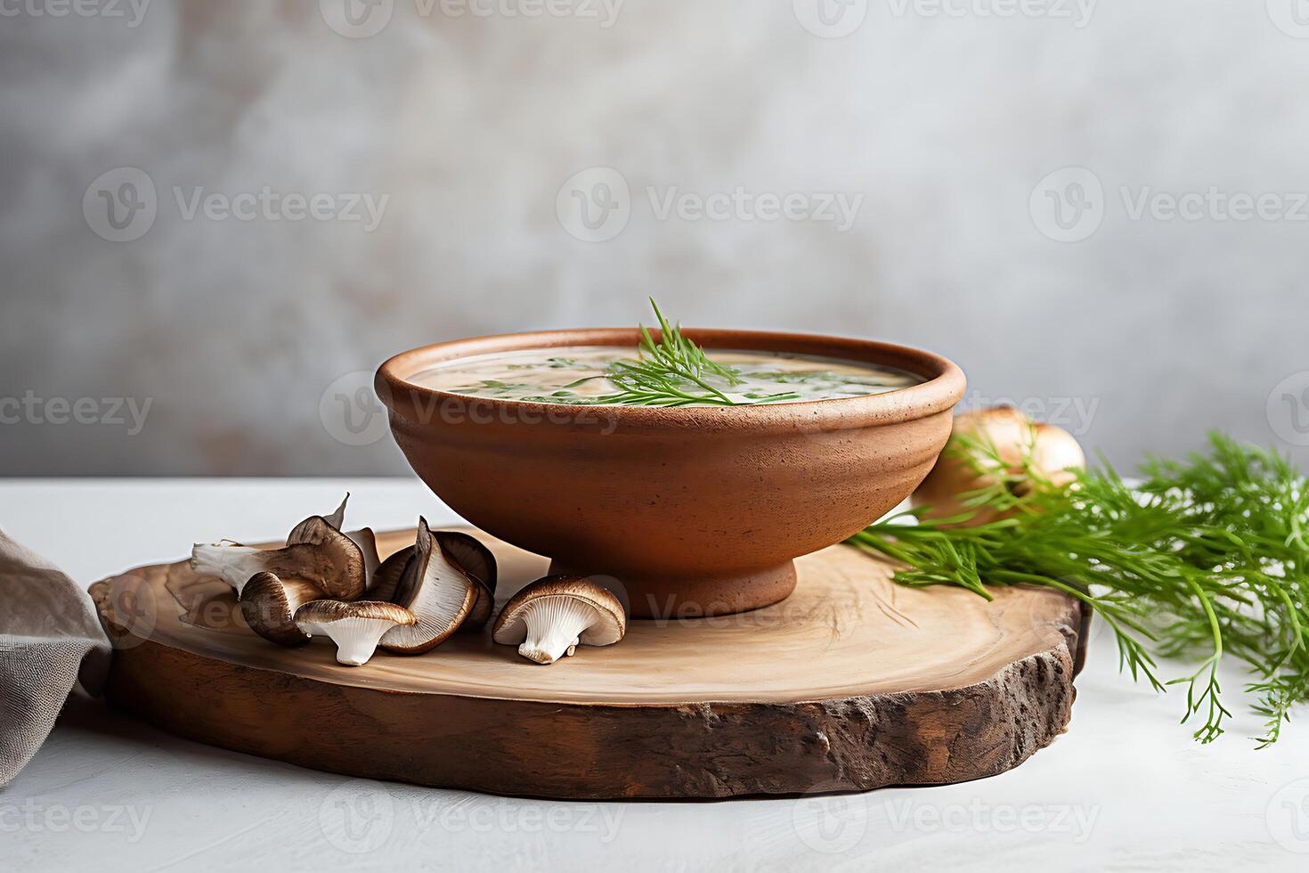 AI generated Mushroom soup in a clay pot on a dark background. photo