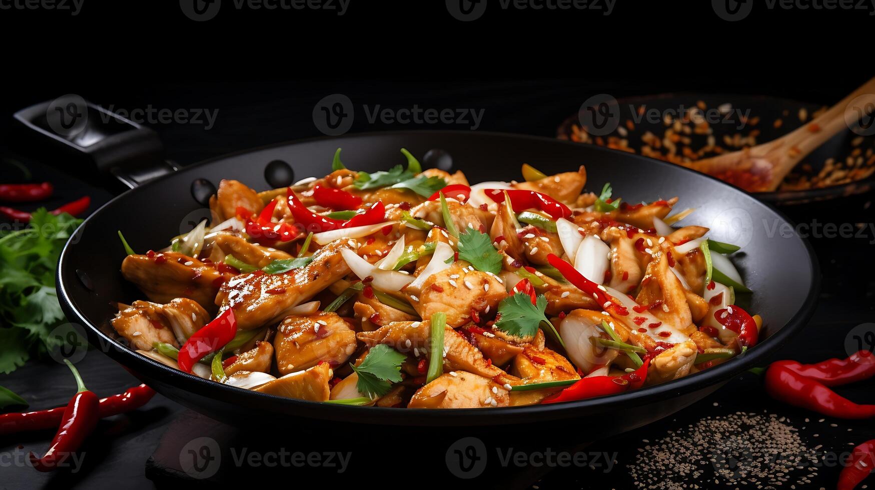 AI generated stir-fried chicken with vegetables in a wok on dark background photo