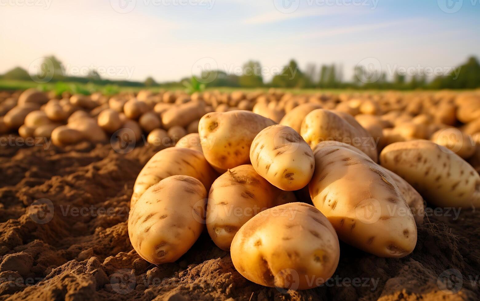AI generated Harvested potatoes on a field in the light of the setting sun photo