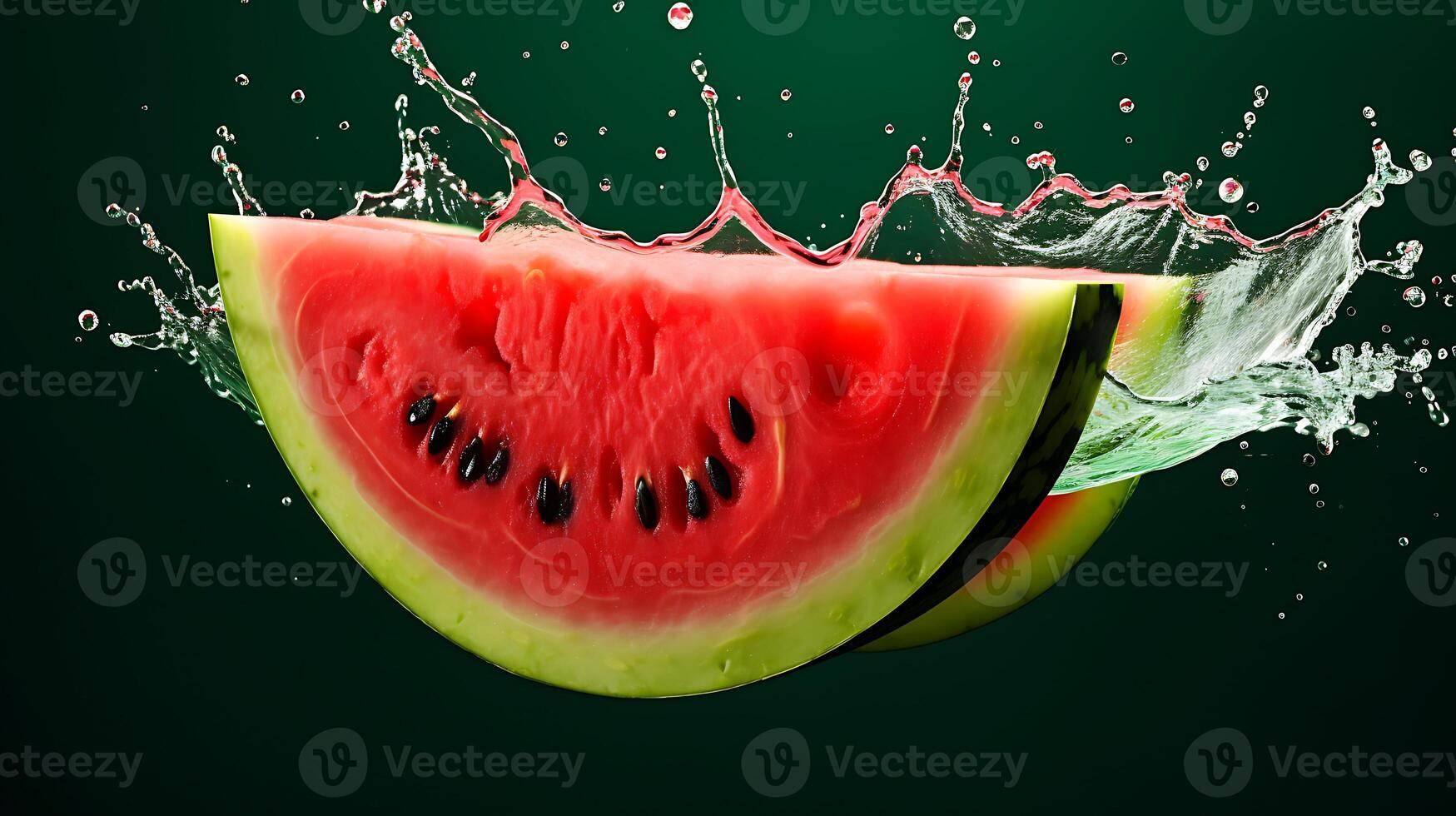 AI generated Watermelon slice with water splash on green background. 3d rendering photo