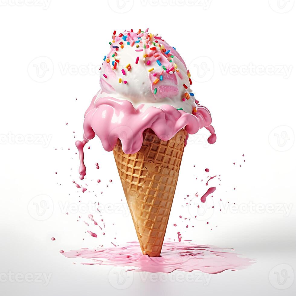 AI generated Ice cream in waffle cone with splashes and drops isolated on white background photo